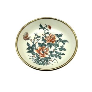 Vintage Japanese Porcelain Ware Brass Encased Floral Peony Butterfly Bowl 5.5"